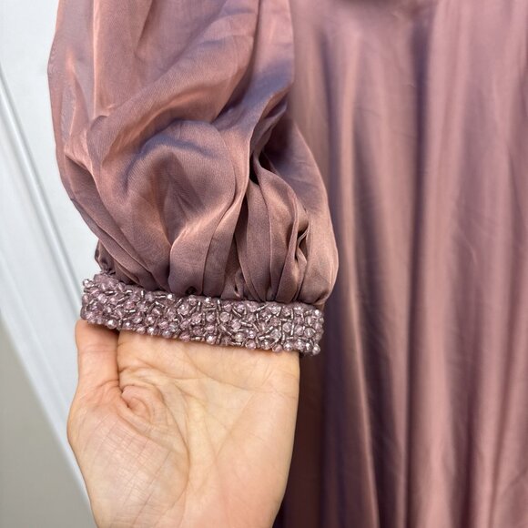 Mac Duggal Plus Size 16W Pink Puff Sleeve Embellished Cuff V-Neck A Line Gown - Picture 6 of 16